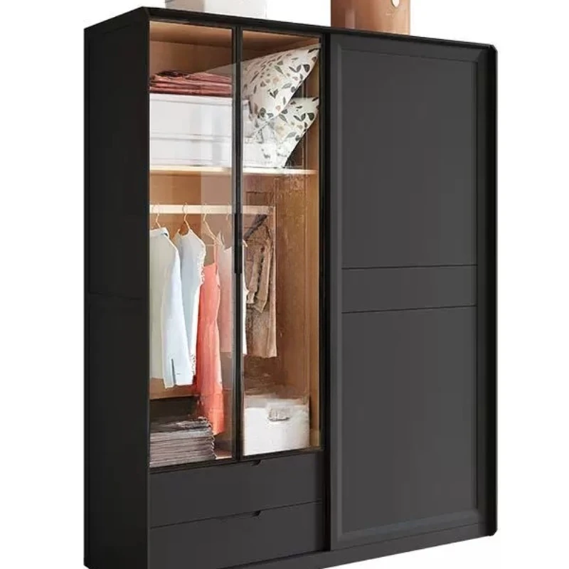 Solid wood wardrobe sliding door modern simple home bedroom two doors white cream wind