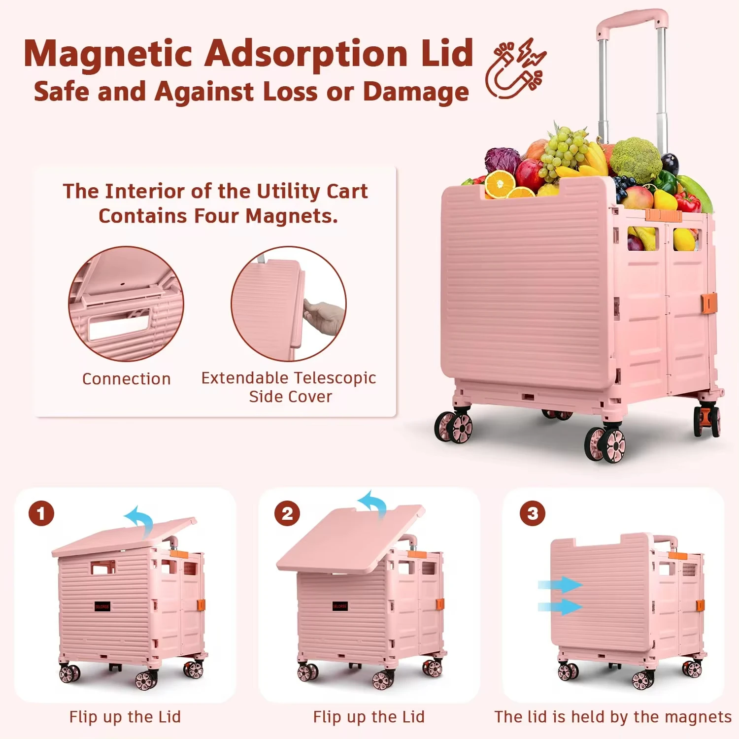 SELORSS 55L Large Capacity Foldable Utility Cart with  Lid with °Rotate Wheels Noiseless  Shopping  Office