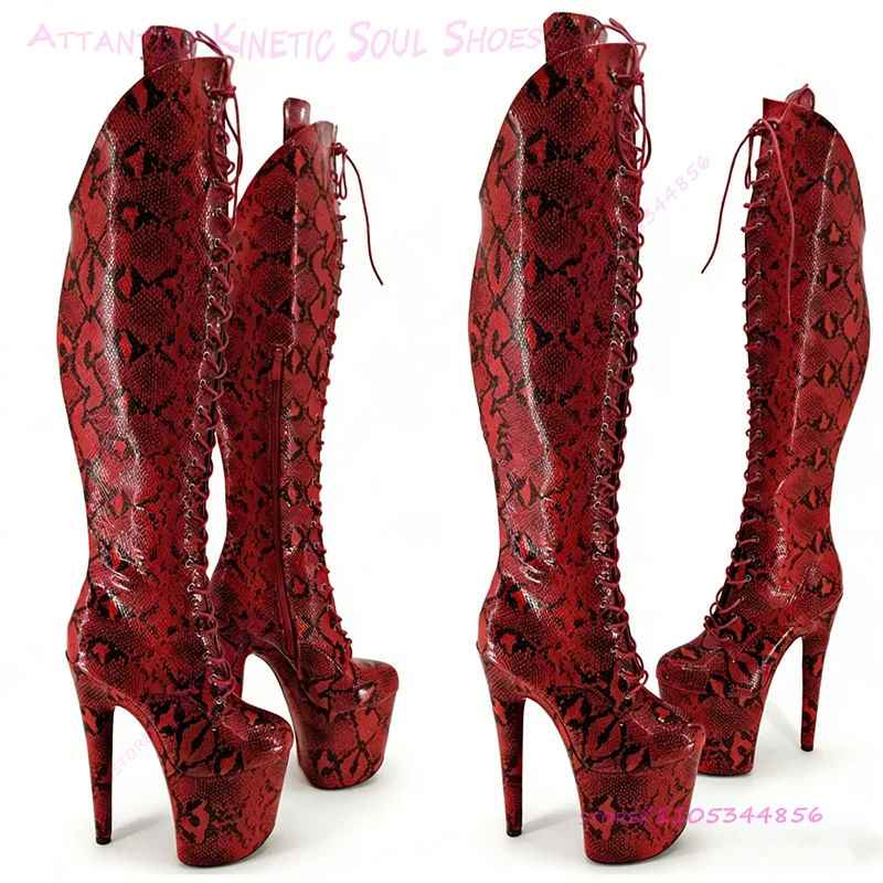 Black Red Snakeskin Graffiti Print Boots Women 20cm 8 Inch Knee High Lace Up Platform Stiletto Heels Zippered Pole Dancing Shoes