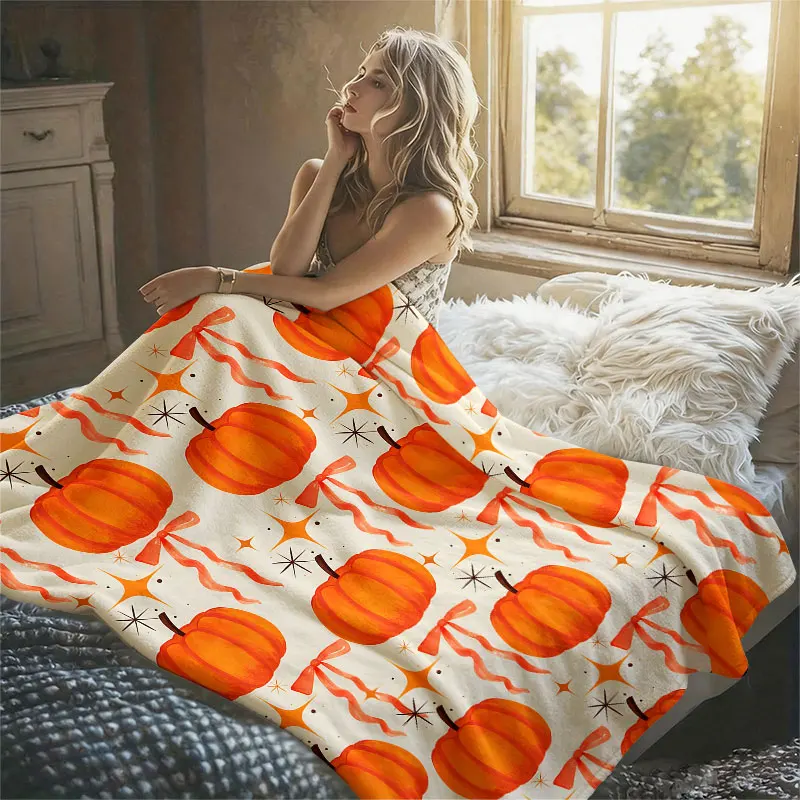 Pumpkins Bows Stars Beige Flannel Blanket Perfect for Sofa Office Bed Travel Sleep Read Relax Camping Four Season Use