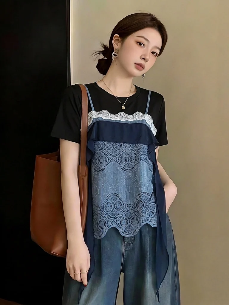 Elegant Lace Short Sleeve T-Shirt Women's Summer New Style plus Size Hollow out Shoulder Bells Top Korean Style Commute Wind