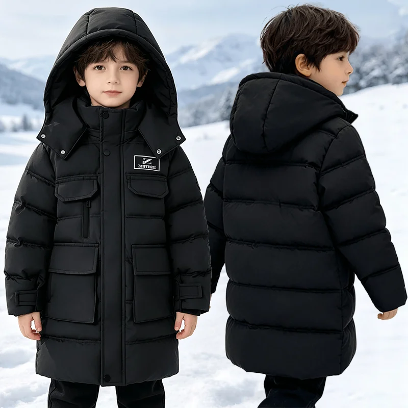Boys Windproof Mid-Length Hooded Cotton Jacket Letter Icon Cargo Pocket Zipper Coat 5-12 Years Kids Outdoor Sports Outerwear