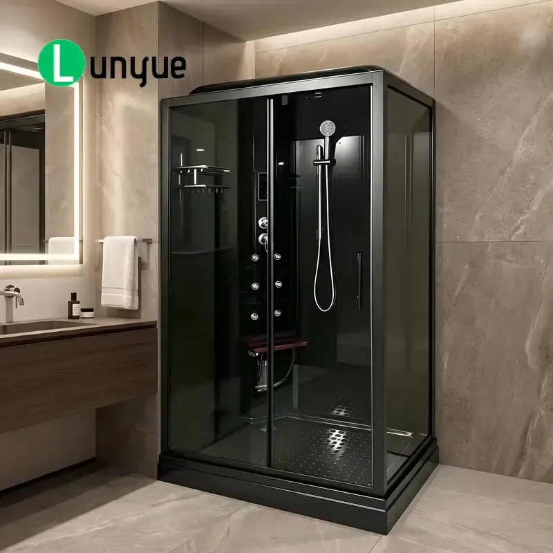 CE Certified Black Aluminum Frame Corner Shower Enclosure with Sliding Door Tempered Glass ABS Tray for Hotel Bathroom