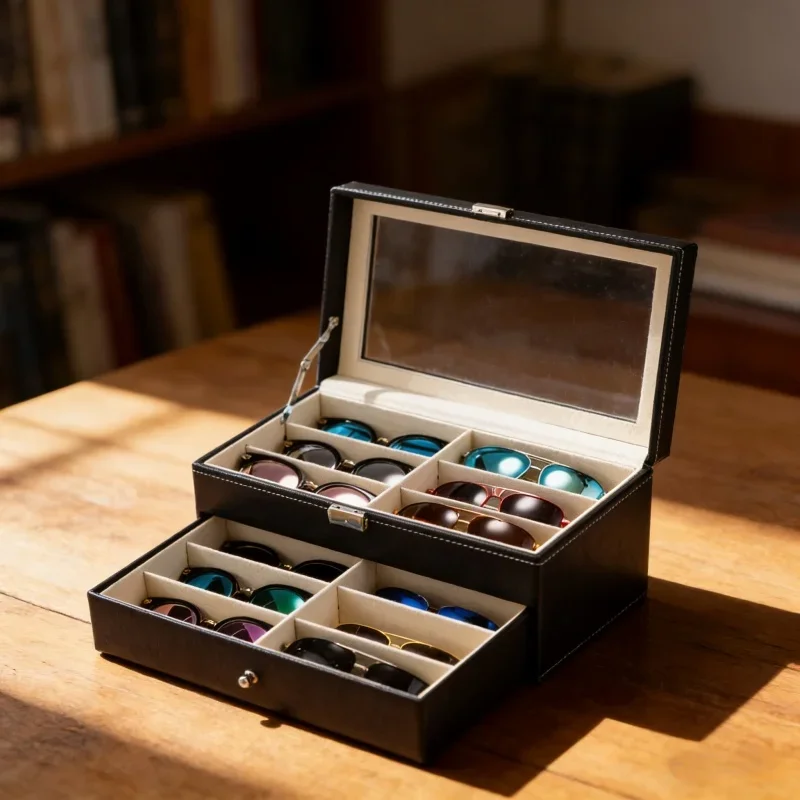

PU Leather Glasses Storage Box Double Layer Large Capacity Sunglasses Display Case Women Jewelry Collection Organizer Home Goods