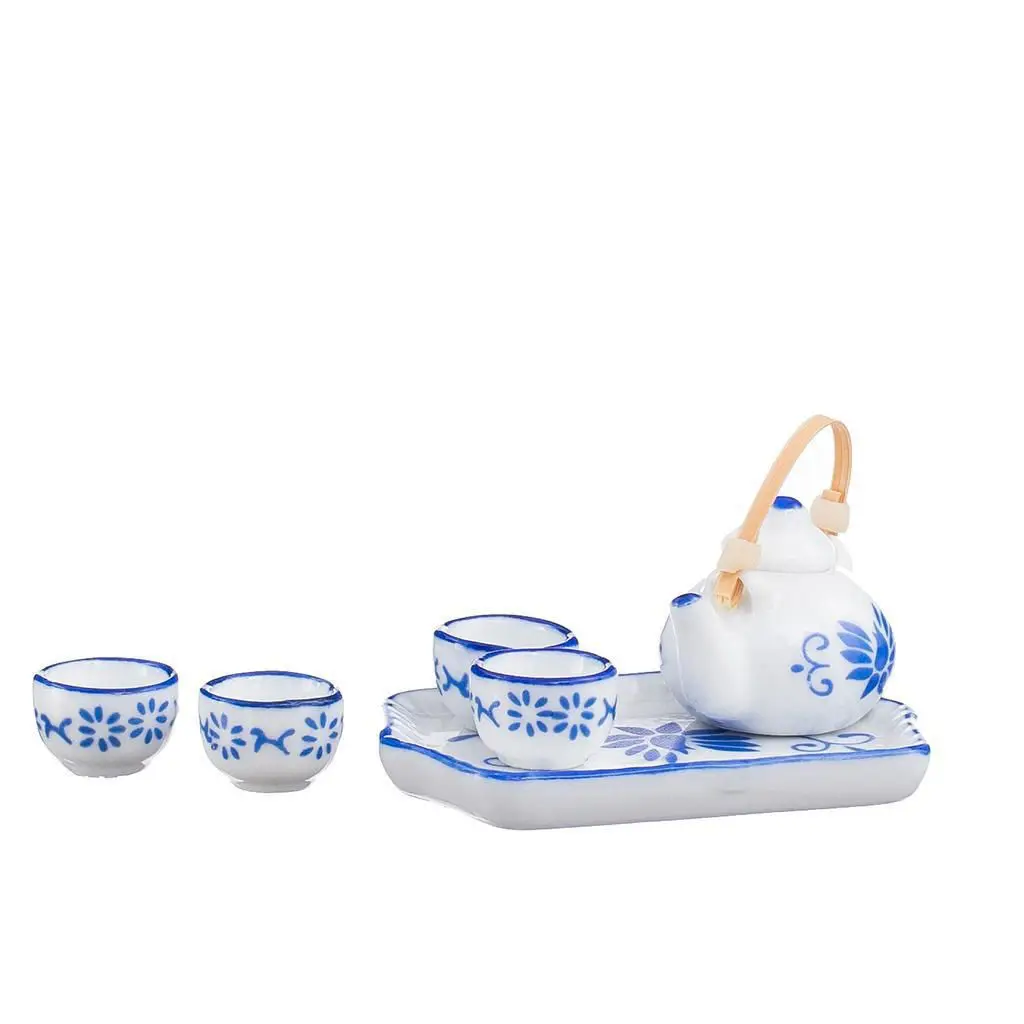 ชุดของเล่นจำลองบ้านตุ๊กตาขนาด 1:12 จำนวน 3 ชุด - ชุดน้ำชาและไวน์เซรามิกสไตล์จีนสีน้ำเงิน อุปกรณ์ตกแต่งโต๊ะอาหารบ้าน DIY ที่สวยงาม