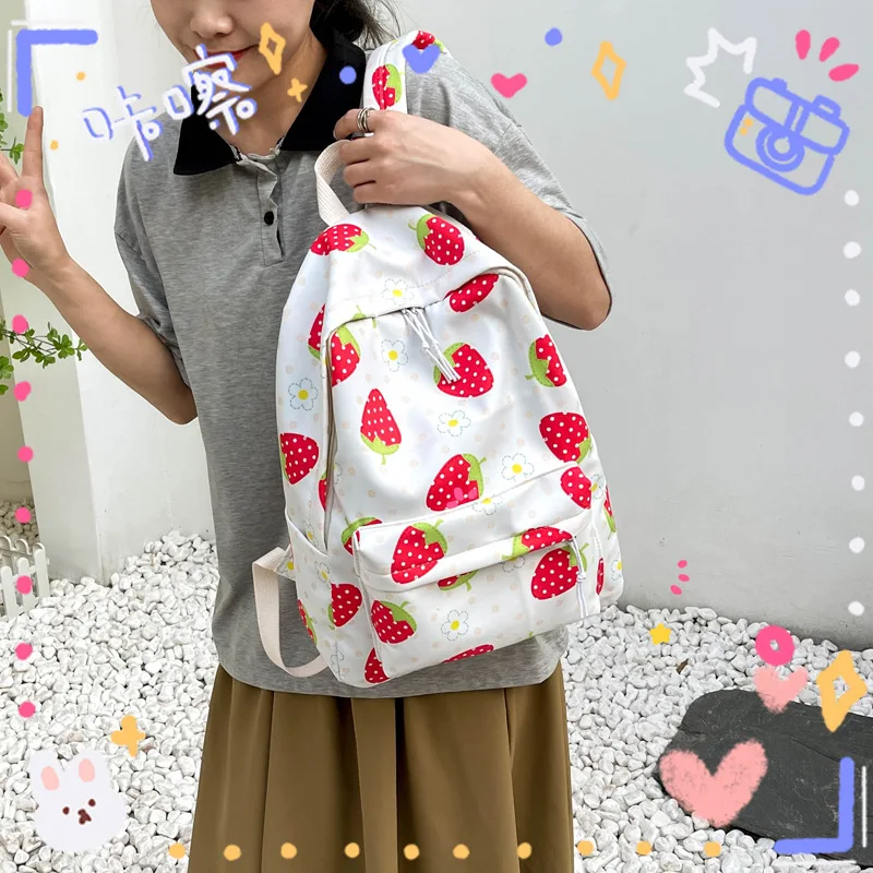 2023 New Strawberry Pattern Campus Schoolbag Women's Korean Edition Small Fresh Girl Heart Large Capacity Casual Backpack