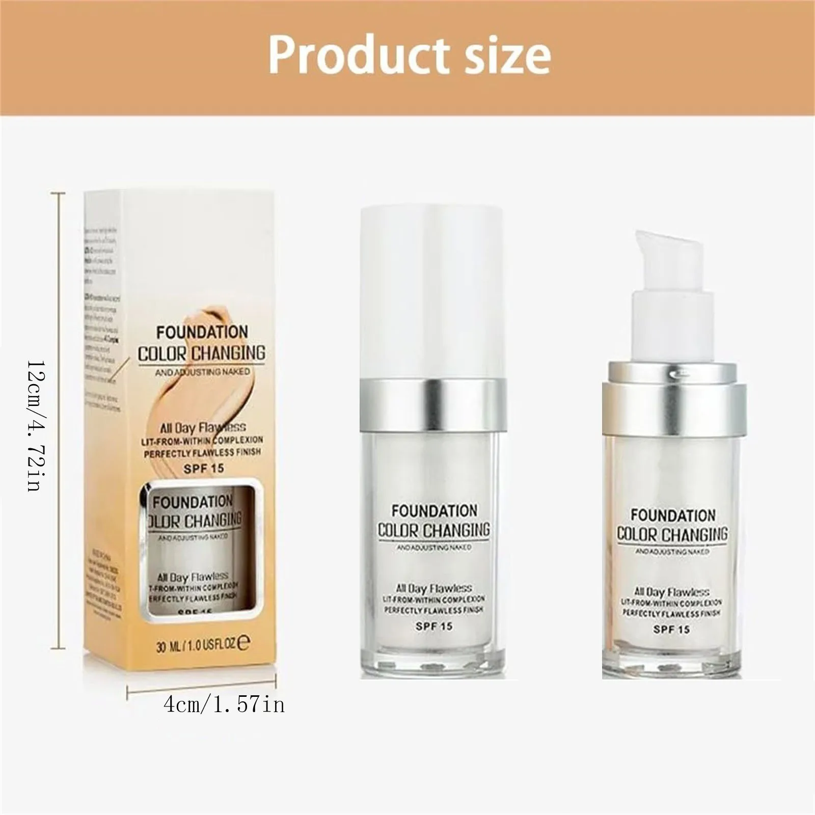 1/4 PC Colour Changing Mature Skin Foundation, Terminaten Foundation, Foundation Color Changing, Hydrating Waterproof  15, 30ml