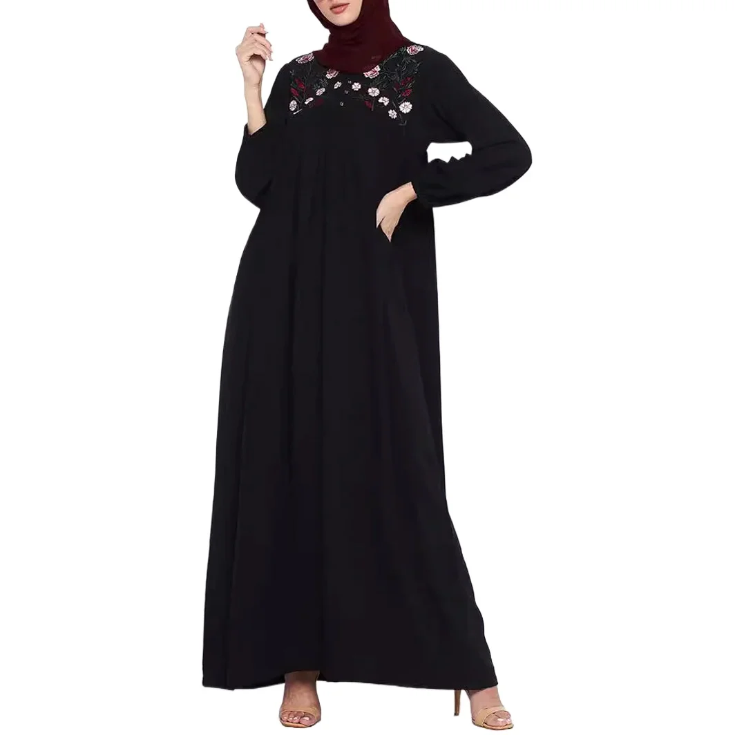

Women's Embroidered Loose Black Dress - Elegant Long Sleeve Maxi Gown, Flowy Muslim Abaya Style, Plus Size Evening Party Wear