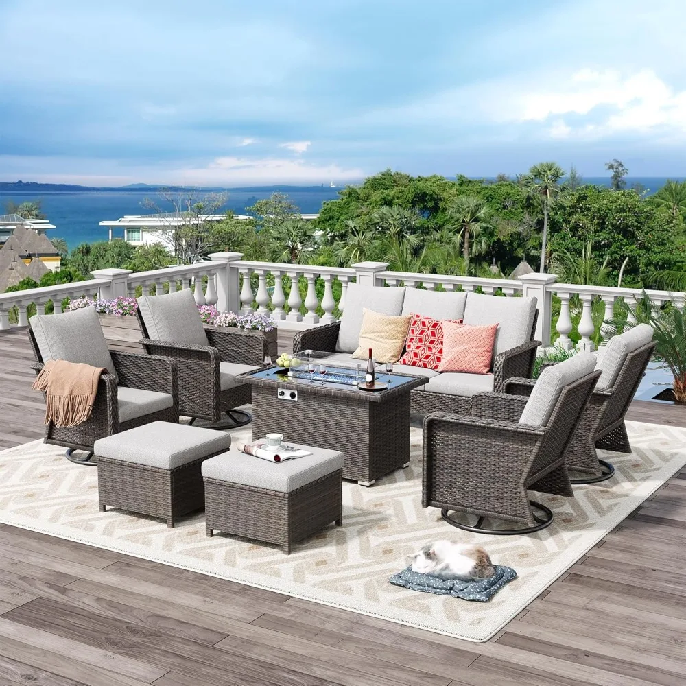 

8 Peice Outdoor Patio Furniture Set with 44" Gas Fire Pit Table, PE Wicker Swivel Rocking Chairs Sets Garden Sofa