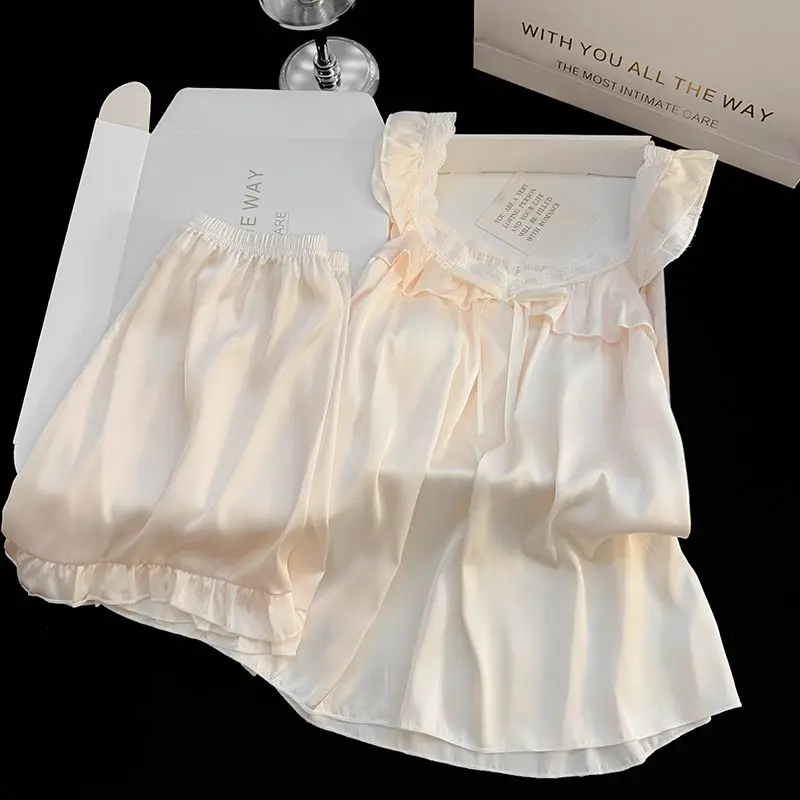 ElyraLux الصيف رقيقة ثوب نوم حرير الجليد المرأة ملابس المنزل مع وسادة الصدر الثابتة حزام مثير الأزهار حافة الجنية نمط ثوب النوم