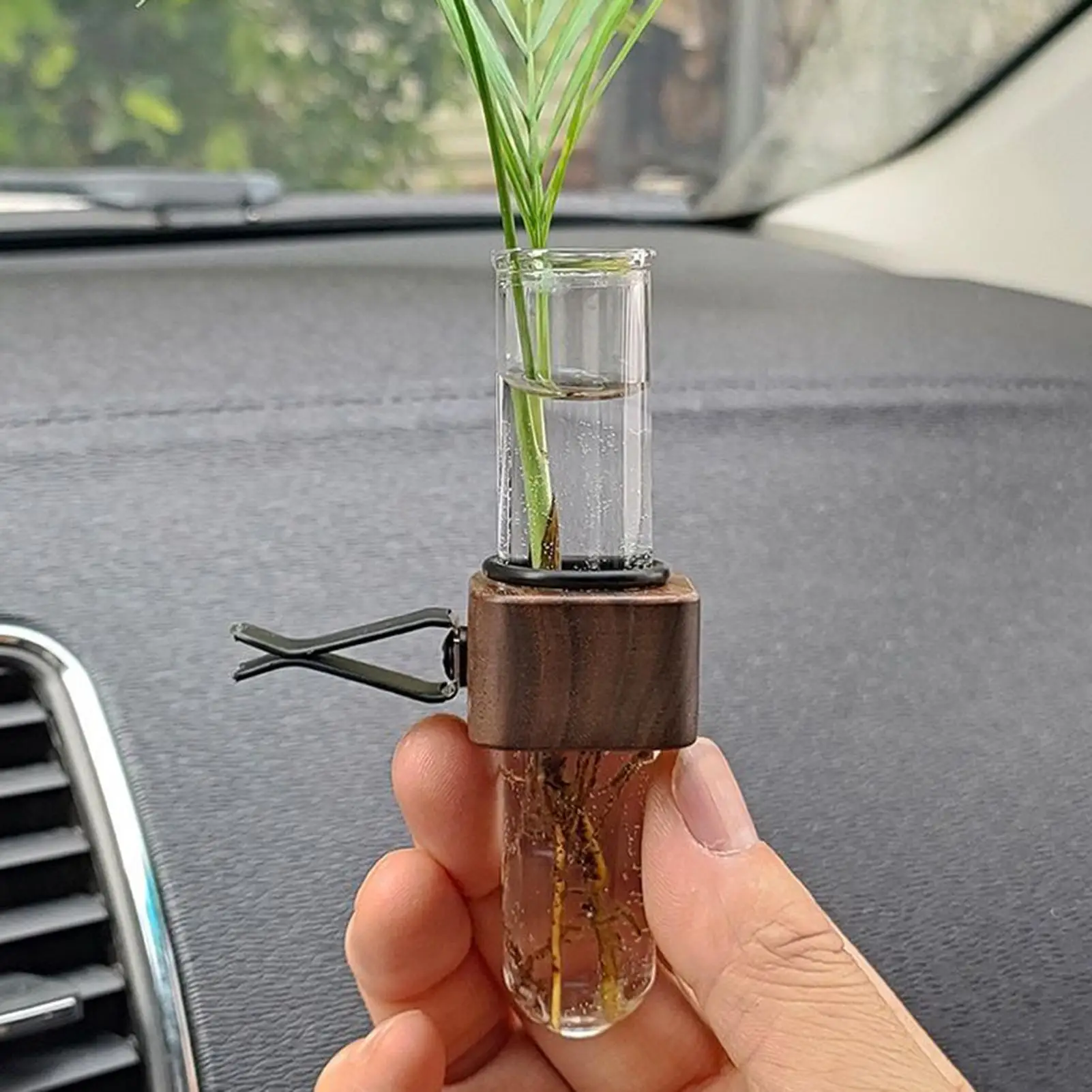 Stable Mini Car Flower Vase Clip Elegant Adjustable Car Vent Flower Vase Walnut And Glass Creative Car Vent Dashboard Decoration