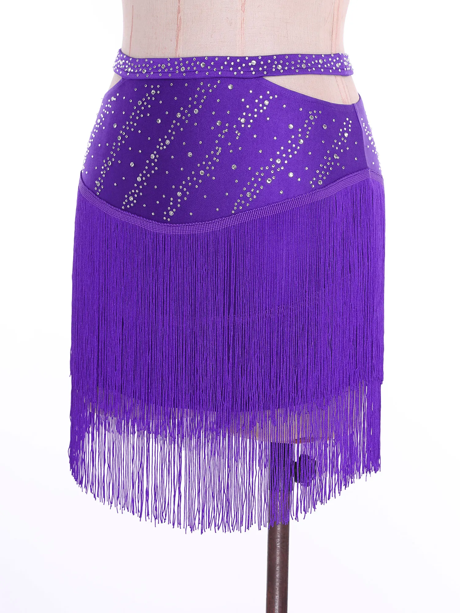 Damska spódnica do tańca latynoamerykańskiego Salsa Cha-Cha z wycięciami, elastycznym pasem, błyszczącymi dżetami i frędzlami, strój do tańca towarzyskiego.