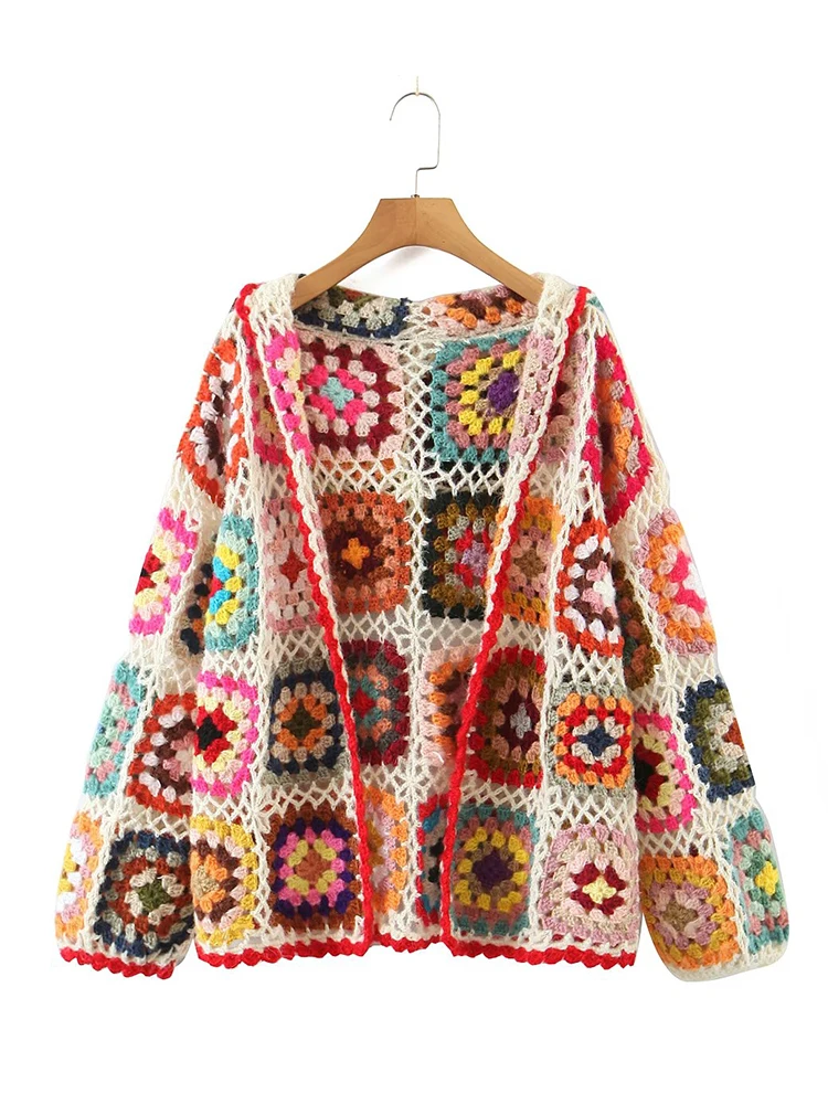 YENKYE New Autumn Women Handmade Crochet Knit Hooded Cardigan Vintage Multicolor Long Sleeve Female Boho Knit Sweater