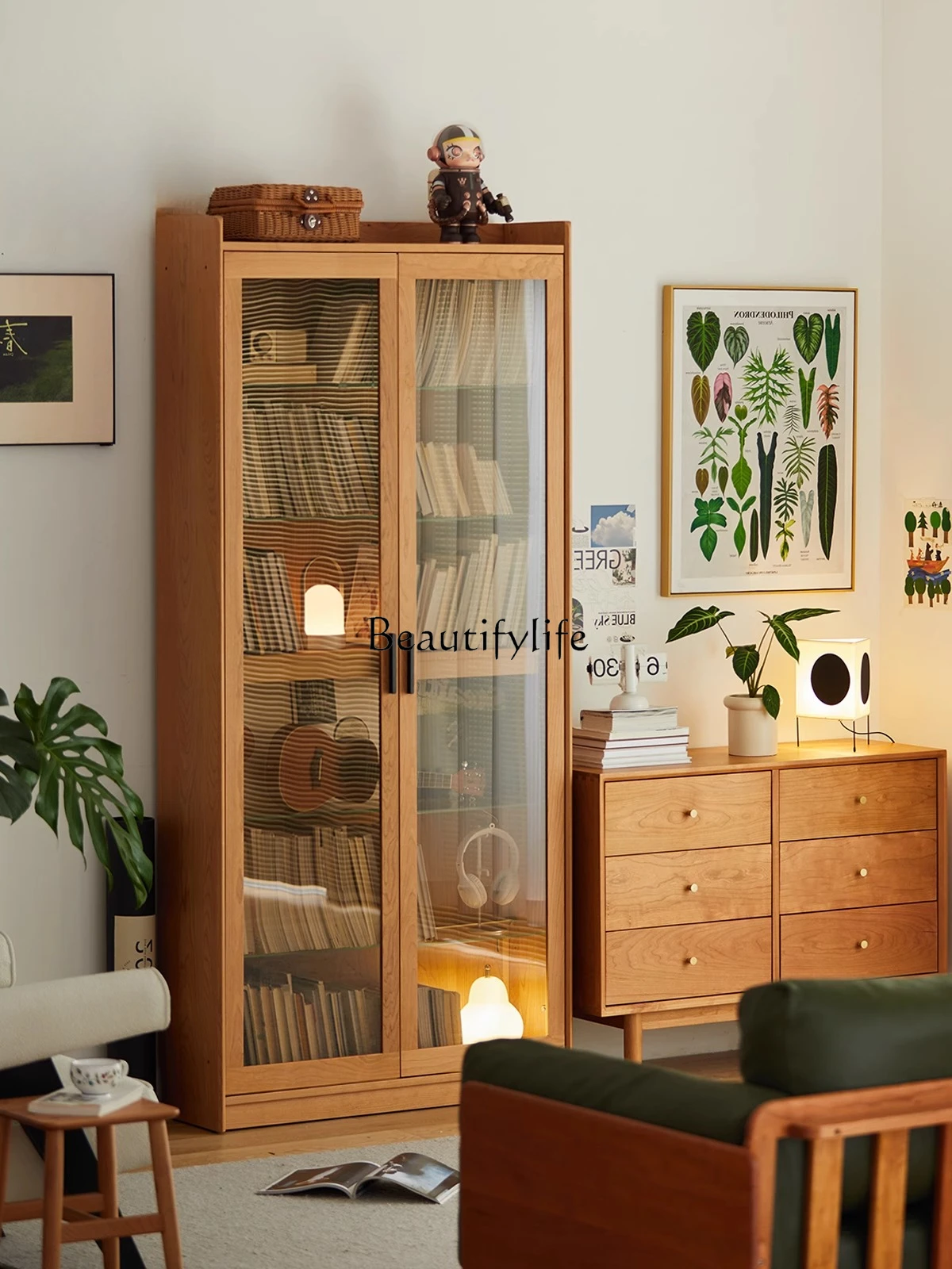 

Solid wood bookcase glass door cherry wood living room floor storage cabinet