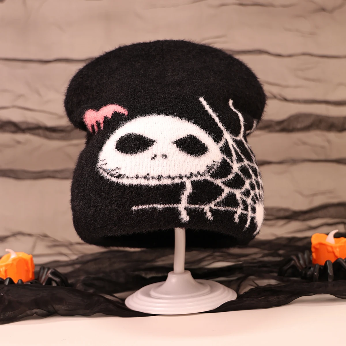 1pc plush versatile knitted hat spider web ghost face jacquard autumn winter imitation mink cold-proof warm beanie Halloween