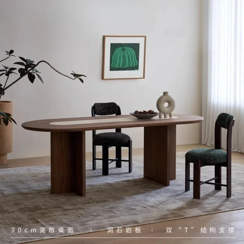 Hh2cc2 retro medieval solid wood oval retro home walnut travertine rock slab dining table