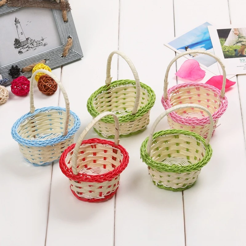 

Woven Storage Basket Flower Basket Handle Design Plastic Rattan Children's Hand Basket Home Decoration Hanging Basket Flowerpot