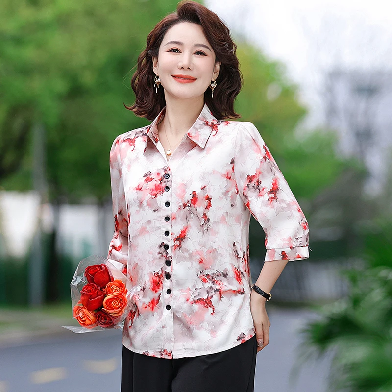 Odzież damska Vintage All-match Printed Short Sleeve T-shirt Summer Casual Fashion Commute Button Spliced Slim Tops Female