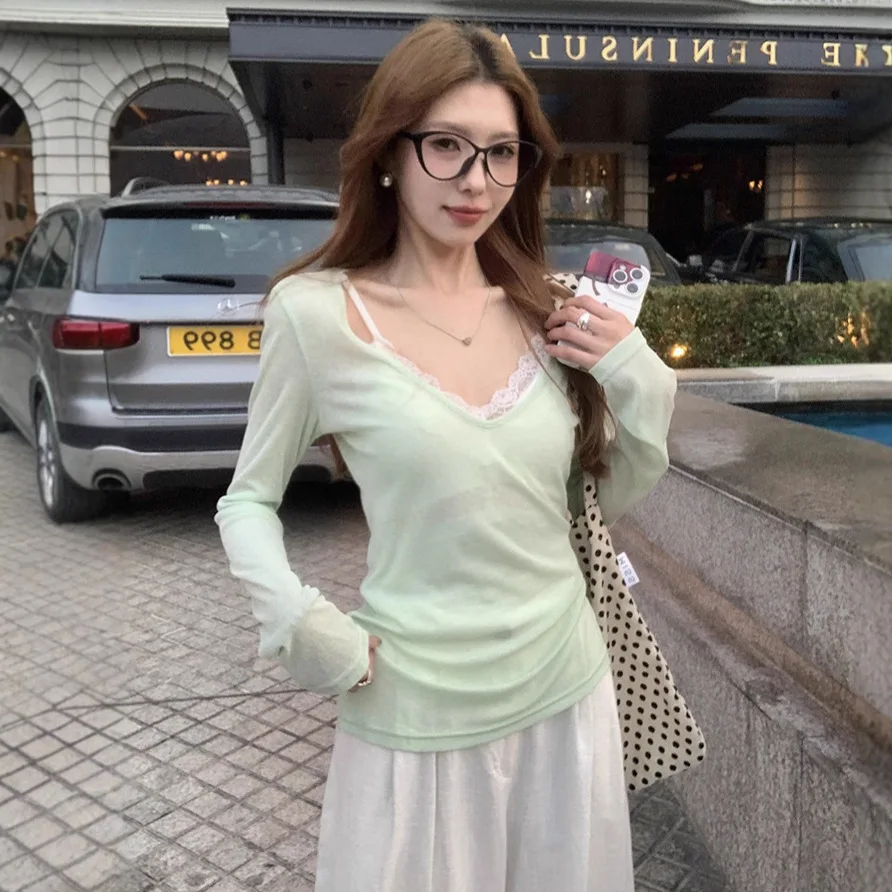 2026 Summer New Mint Green V Neck Long Sleeve T Shirt for Women Y2K Aesthetic Layered Lazy Casual Sun Protection Cover Up Top