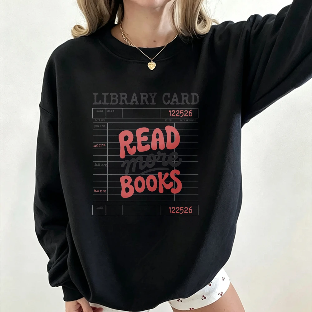 Bookish Reader Crew Sweatshirt Read More Books Library Card Distressed Graphic Unisex Crewneck Vintage Aesthetic Book Lover Tops