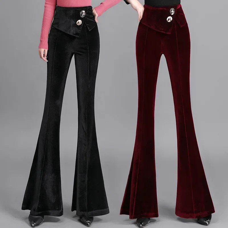 Gold velvet high waist big flared pants women\'s slim pants drape wine red trousers solid color elegant ladies plus size pants