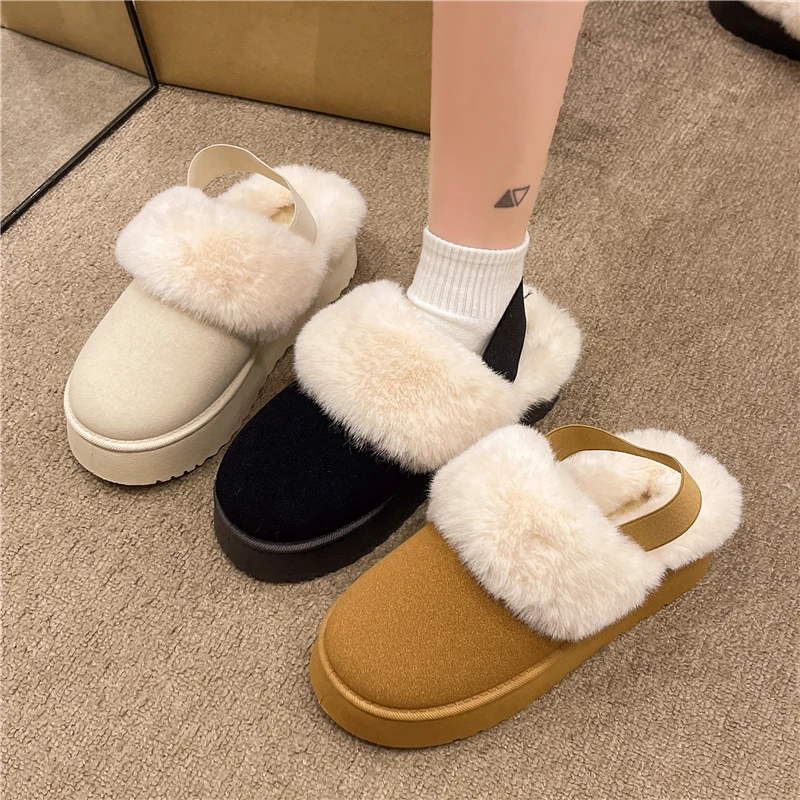 Woolly slippers women wear 2024 new fur one plus velvet snow boots Bao head winter thick sole half mop cotton shoes