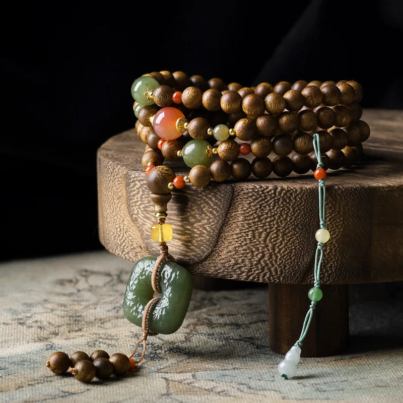 Original handcrafted multi-strand bracelet made from aged agarwood Natural Hetian jade peace knot pendant new Chinese style