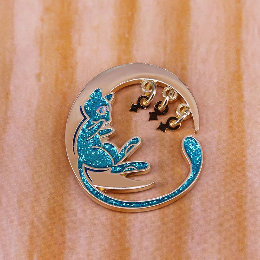 Shimmering Blue Cat Enamel Pin Dreamy Crescent Moon Brooch Fashion Badge Anime Fan Collectible Gift Adorable Accessory