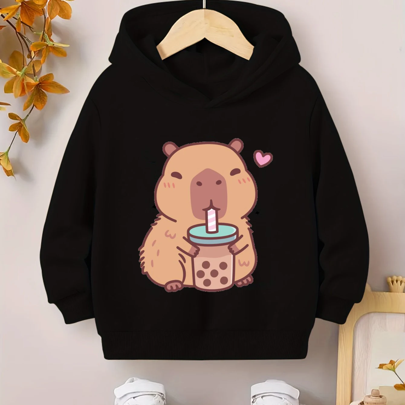 Y2K Style Children's Capybara Drinking Bubble Tea Hoodie Autumn Casual Boys Girls Hoody Harajuku Fashion Long Sleeve Hooded Tops