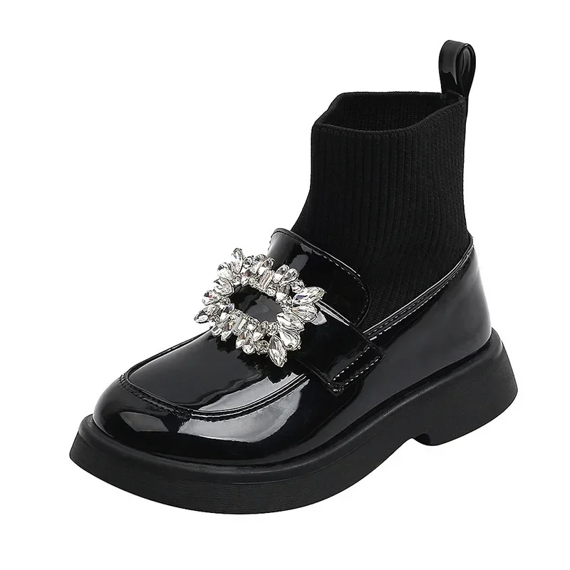 Children's Short Boots Crystal Decoration Girls Cute Fashion Sewing Thread Thick Bottom Soft Sole Round Toe Patent Leather Shoes