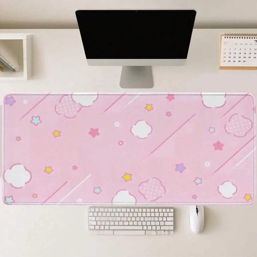 Large Gaming Mouse Pad Kawaii Pink Cloud Star Design Non-Slip Rubber Base Washable Desk Mat XXL XL