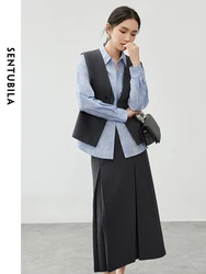 SENTUBILA Office Two Piece Set Women 2024 Autumn Sleeveless V Neck Vest A Line Folds Long Skirt New Matching Sets 143Z56485