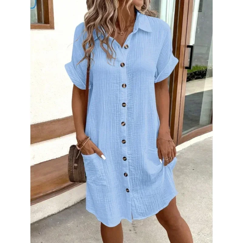 Women V-neck Button Cotton Linen Dress Short Sleeve Solid Color Single Breasted Summer Mini Shirt Dress