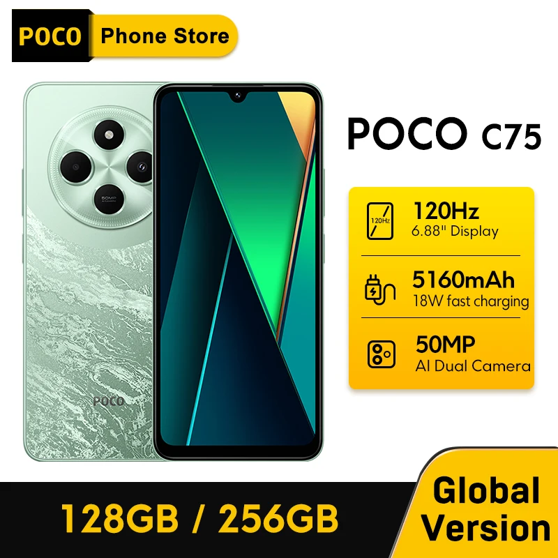 Новейший смартфон POCO C75, глобальная версия, NFC, 6,88 дюйма, точечный дисплей, Helio G81-Ultra, 50-мегапиксельная камера, массивная батарея, 5160