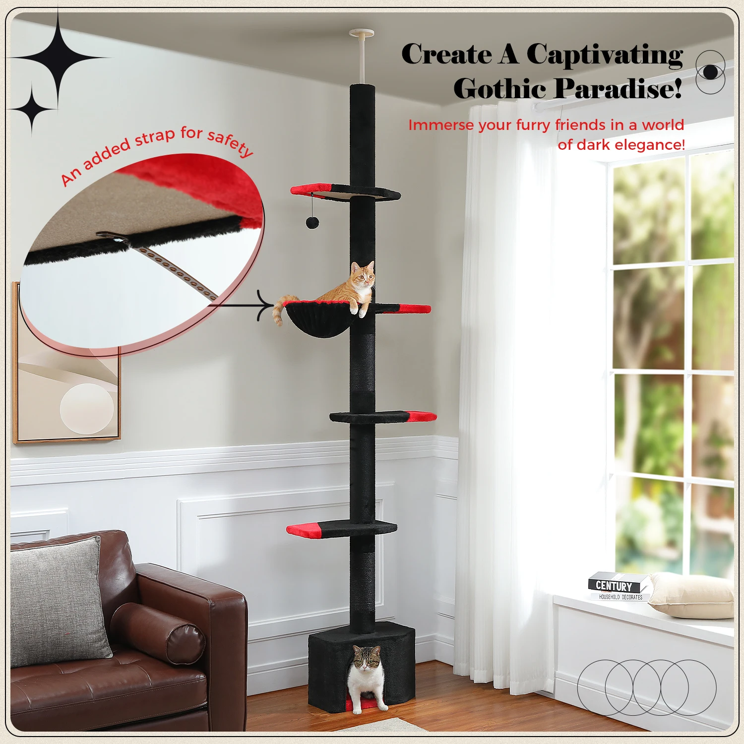 

Gothic Cat Tree, Floor to Ceiling Cat Tower with Adjustable Height 5 Tiers Black Cat Condo with Cozy Hammock Scratching Posts