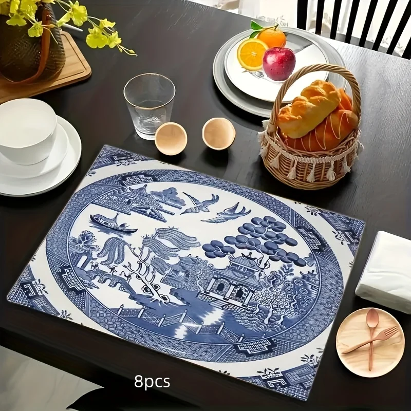 VIKAMA Chinese-Style Blue Porcelain Patterned Design Tablemat, Non-Slip & Heat-Proof, Table Decor For Family Gatherings, Parties