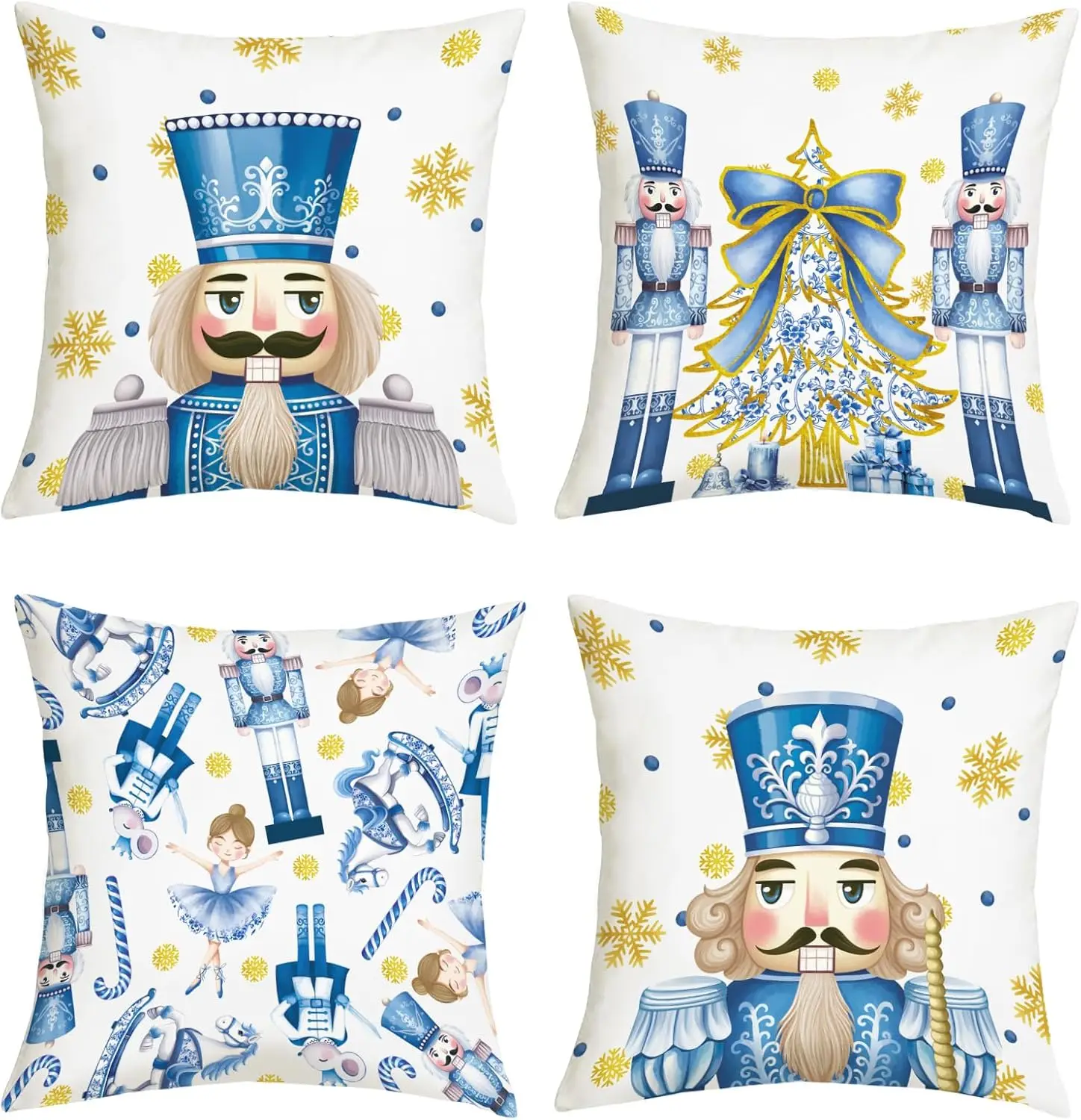 4pcs Blue Nutcracker Christmas Snowflake Printed Pillow Cover Polyester Cushion Case 2D Flat Holiday Xmas Home Decor Now