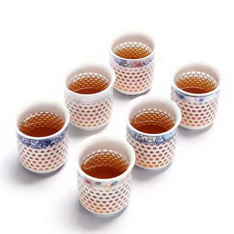 Crystal Hollow Tea Cup White Ceramic Teaware Blue Porcelain Teacup Kung Fu Tea Set Gifts Drinkware Water Cup Puer Tea Bowl