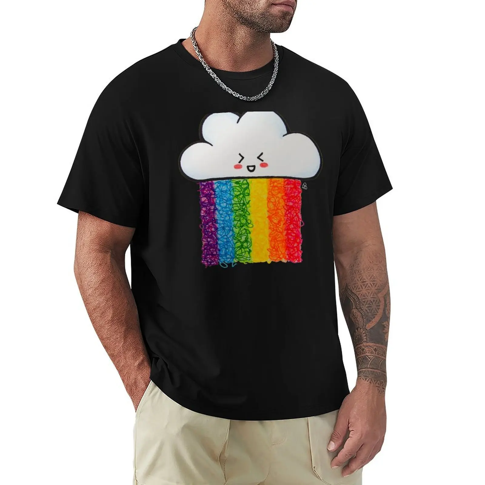 Rainbow Rain - Camiseta Kawaii Cloud and a Colorful Rain, camiseta de cuello redondo de talla grande