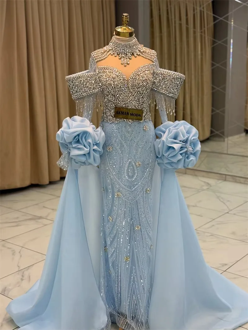 Sky Blue Long Sleeves Evening Dresses Luxury Beaded Saudi Arabia Dubai Robe De Soiree Middle Eastern Prom Dress Gown Customized