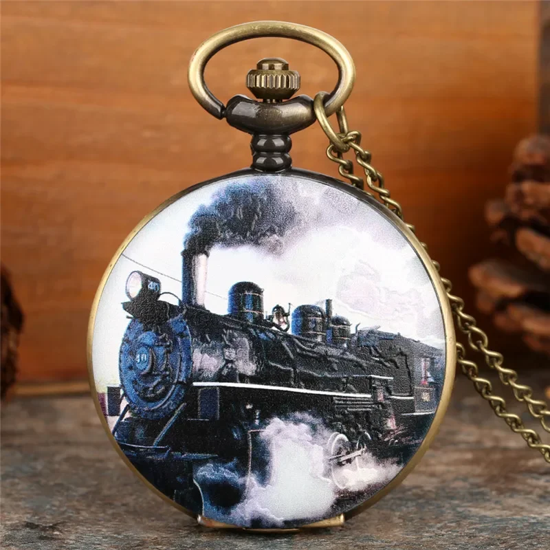 Antique Locomotive Steam Train Men Women Analog Quartz Pocket Watch Necklace Pendant Chain Full Hunter Clock Collectable Gift