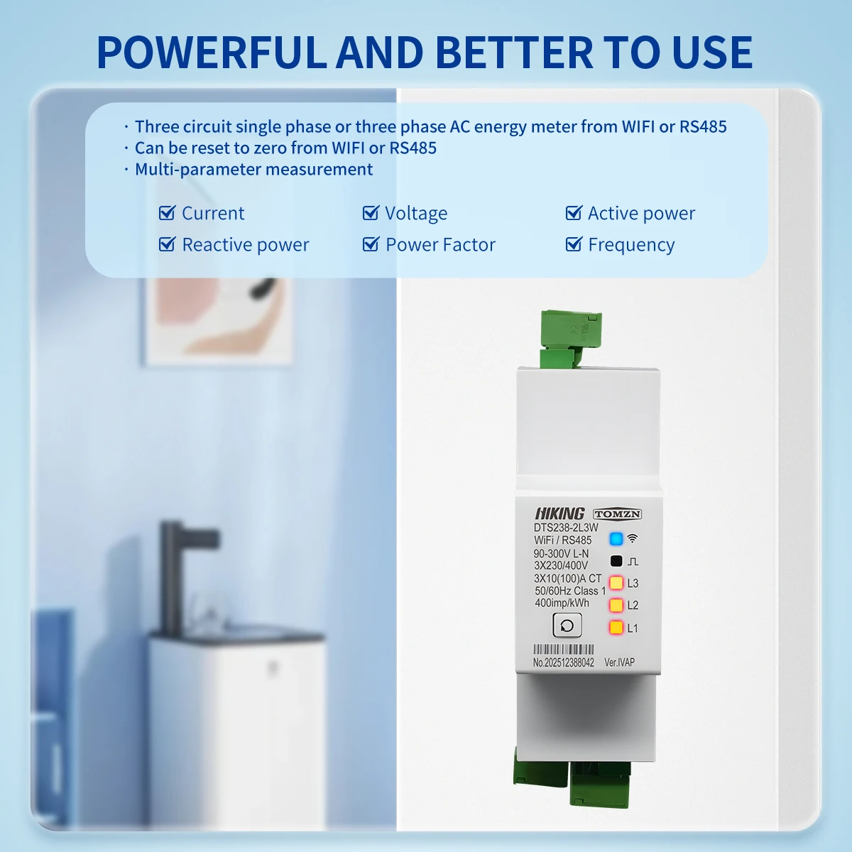 TOMZN WIFI Three Circuit Single Phase Energy Meter DTS238-2L3W 10(80)A 85-300V 50/60Hz kWh Watt Hour LCD RS485 Modbus-RTU Class1