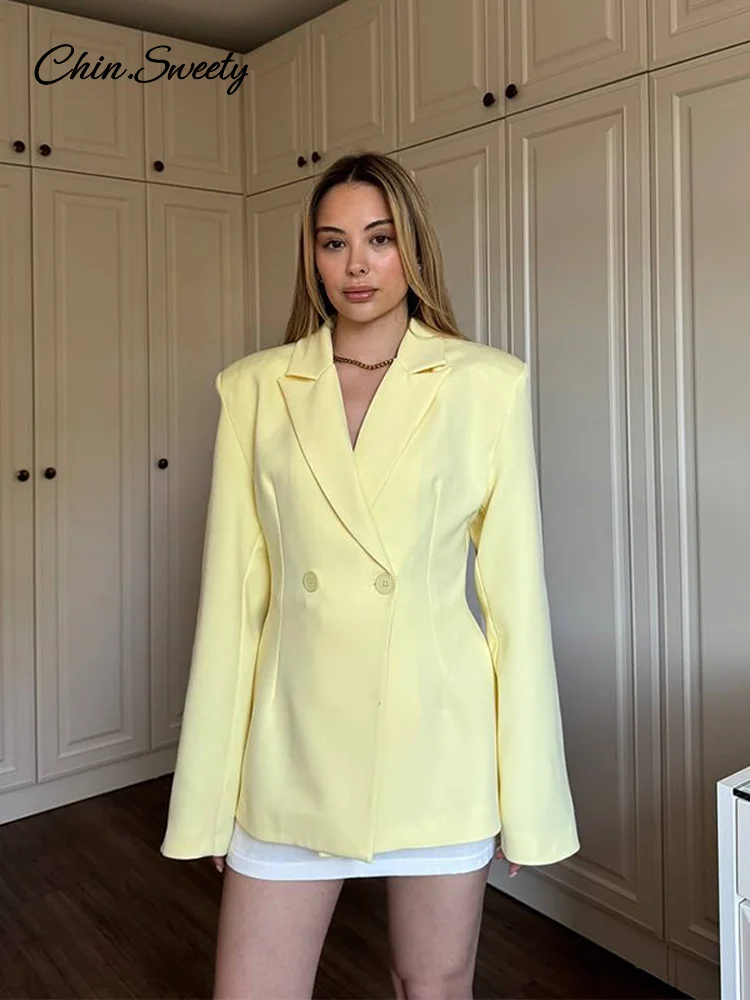 

Fashion Slim Women's Blazer Coat Lapel Long Sleeve Shoulder Pads Buttons Suit Jacket 2025 Spring Autumn Lady Commute Outwears