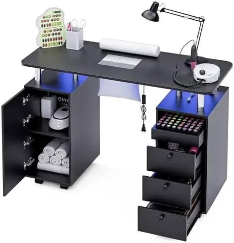 Nail Desk for Nail Tech w/Electric Dust Collector, Rolling Manicure Table w/Lockable Wheels, Storage Drawers, Wrist