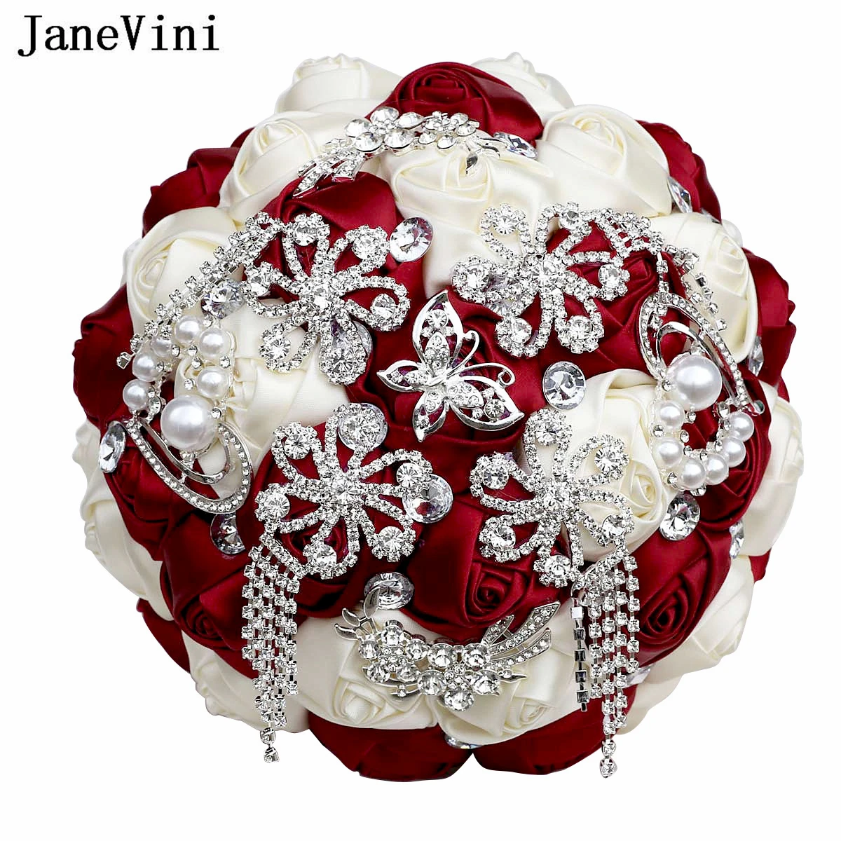 

JaneVini Vintage Burgundy Ivory Bride Bouquet Wedding Luxury Diamond Rhinestone Bridal Pearl Artificial Round Bouquets Boeket