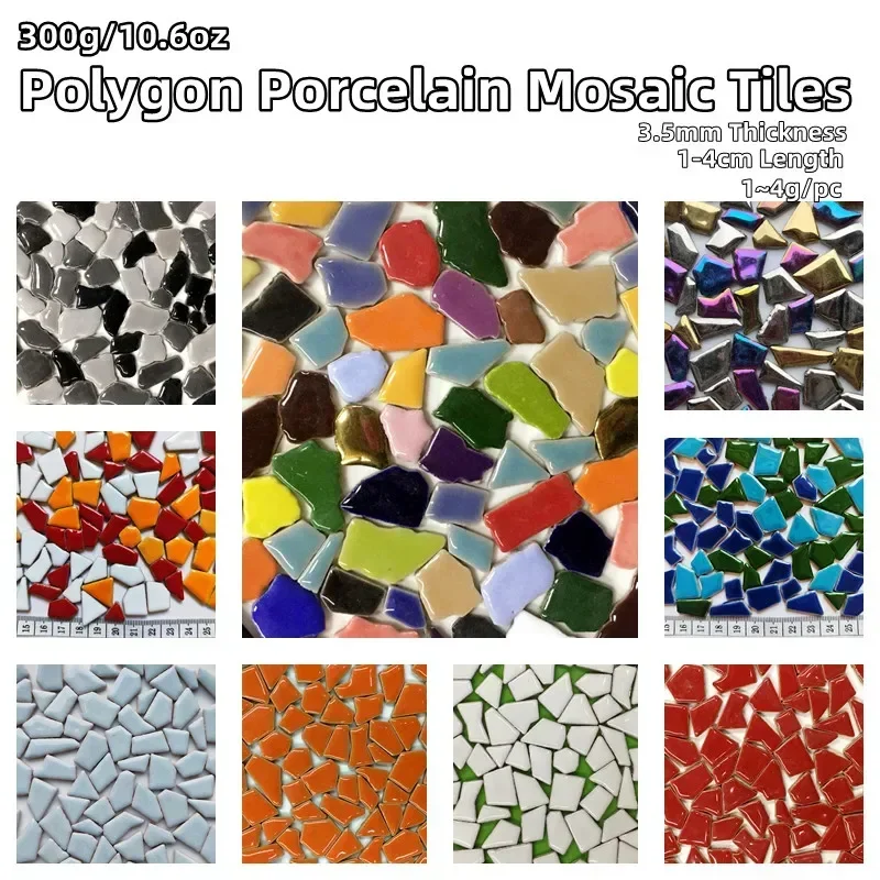 300g/10.6oz Polygon Porcelain Mosaic Tiles DIY Craft Ceramic Tile Mosaic Making Materials 1-4cm Length 1~4g/pc 3.5mm Thickness