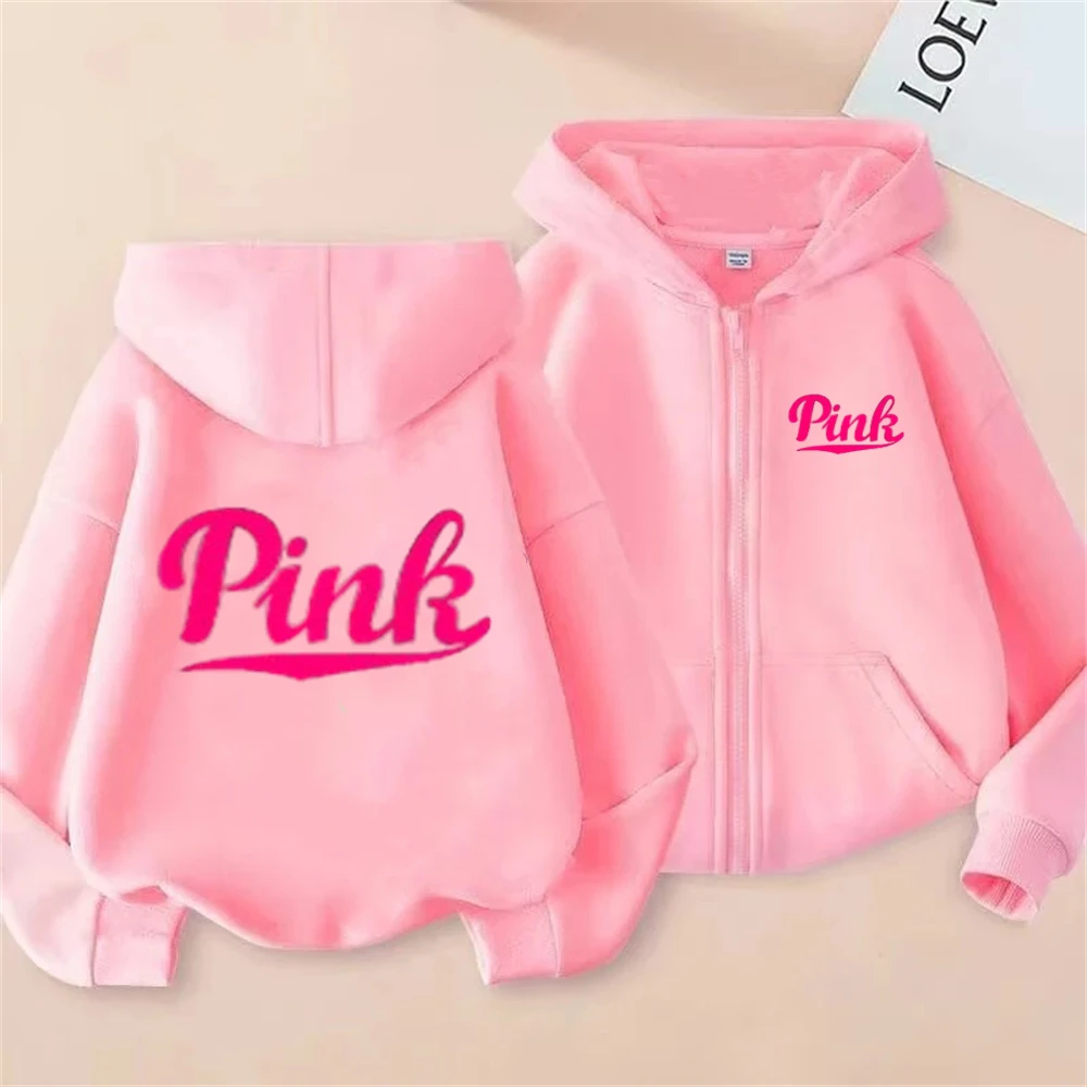 

PINK letter print Zipper style Children Hoodie Long sleeves 3-12 Year Kids Boys Girls Pink Tops Sweatshirt Autumn Hood Clothing