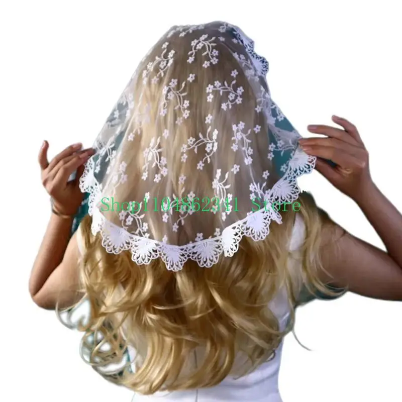 652F Ethnic Lace Flower HeadScarf Women Elegant Round Head Covering Chapel