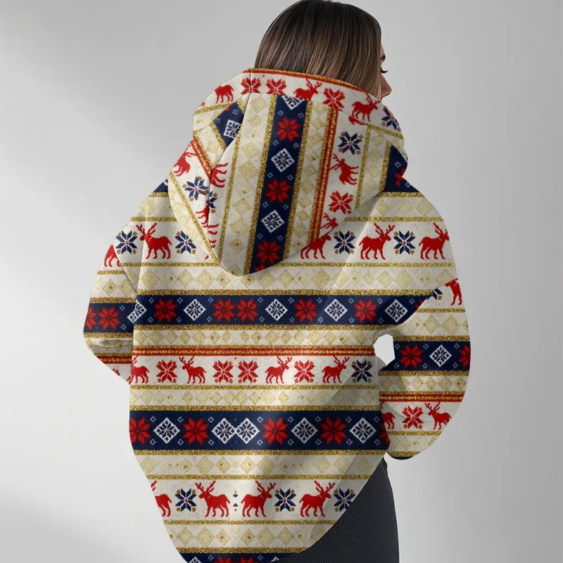 بلوفر نسائي كاجوال كبير الحجم بنمط ندفة الثلج مع ياقة مقلوبة، سويت شيرت شتوي مريح فضفاض مناسب للشارع اليومي #5