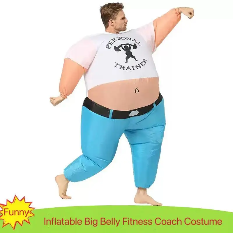 

Funny Inflatable Fitness Trainer Costume Creative Big Belly Coach Prop Clothing for Carnival Party Company Event Photo Gifts